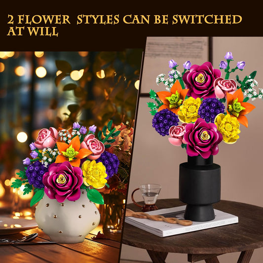 KOJAYHOL Flower Bouquet Building Block Set in a low-profile pot creates cozy desktop decor.
