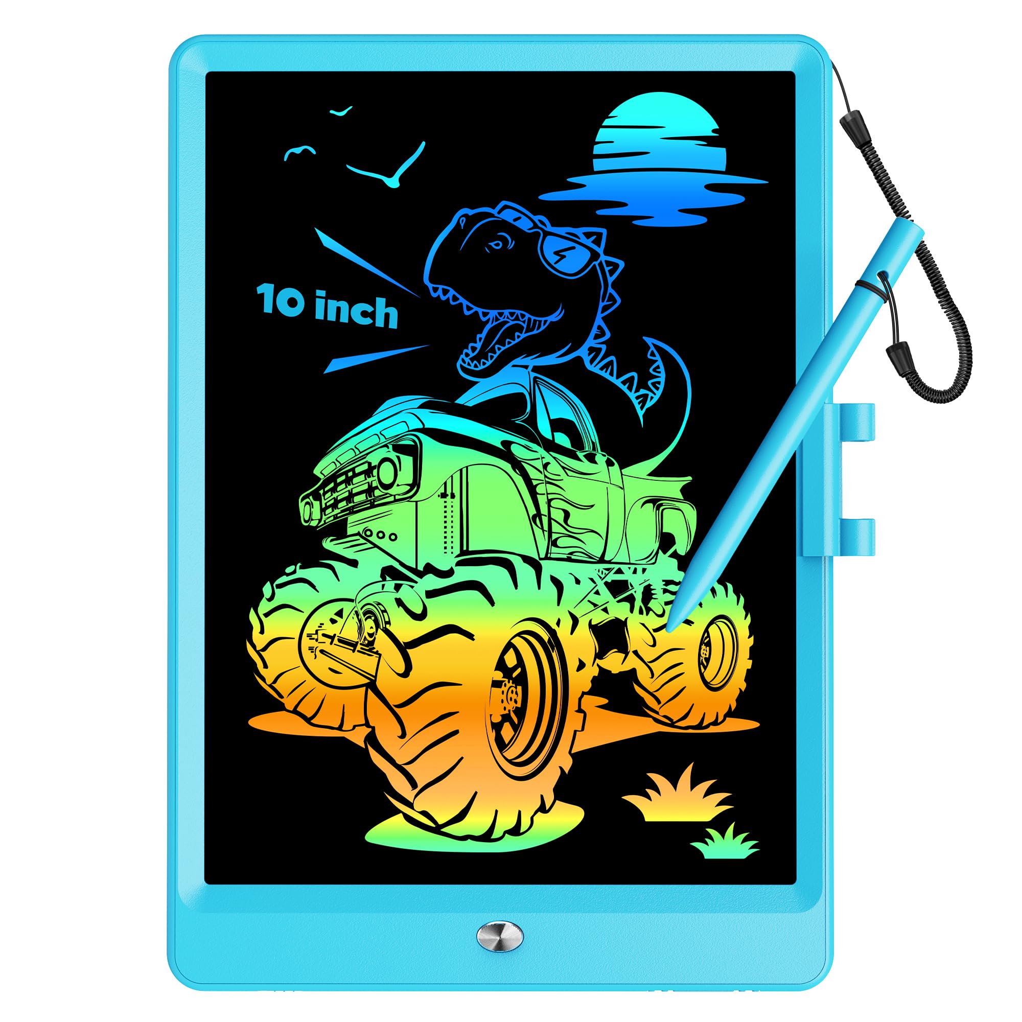 KOKODI 10-inch LCD writing tablet in blue, ideal for kids' on-the-go drawing and learning.