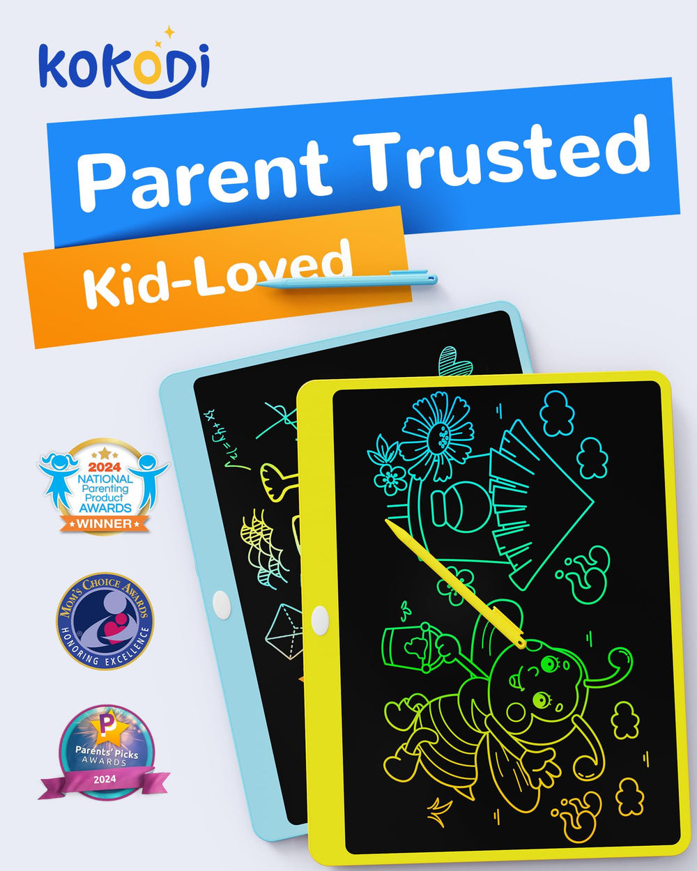 KOKODI doodle board with vibrant colors encourages creative play for kids.