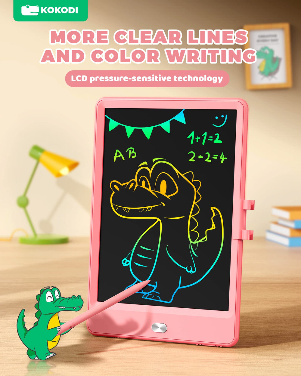 Durable plastic case protects the kid-friendly LCD writing tablet in pink