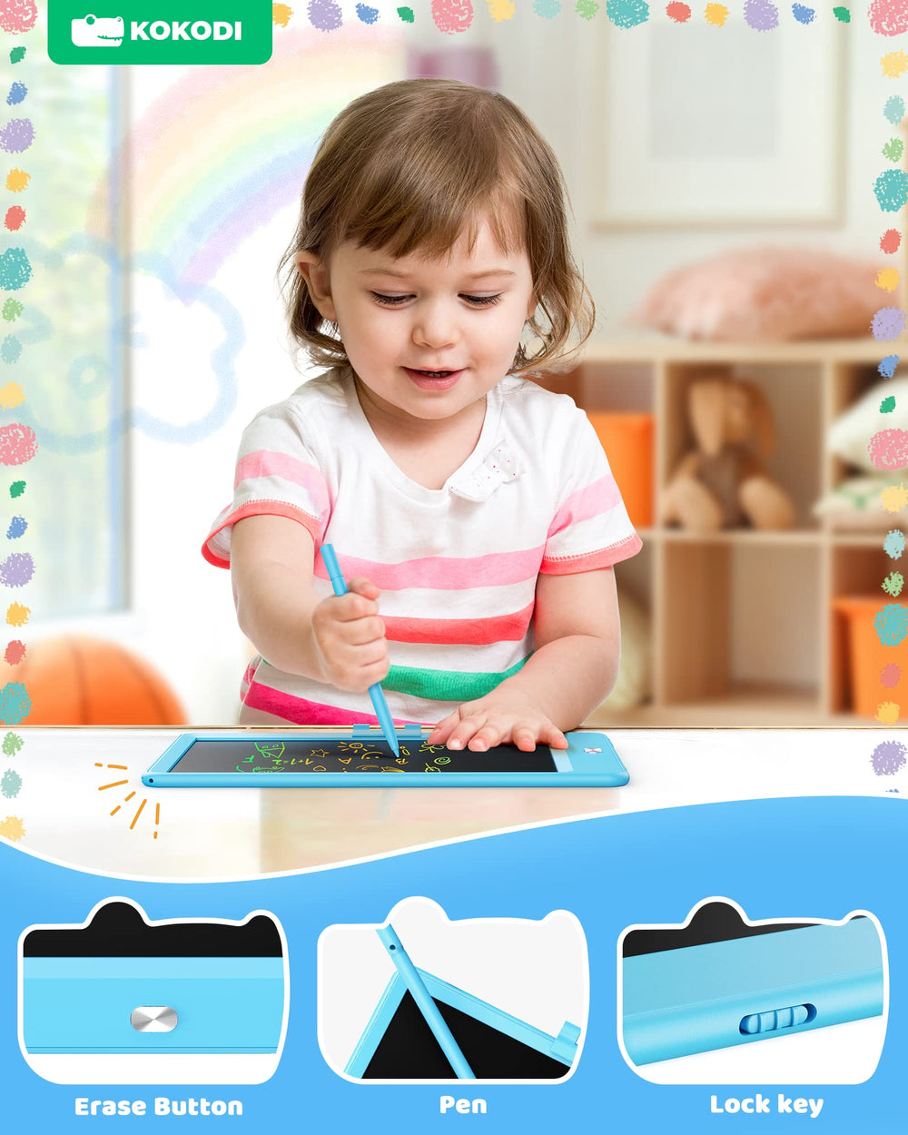 KOKODI erase button quickly clears the screen for fresh sketches