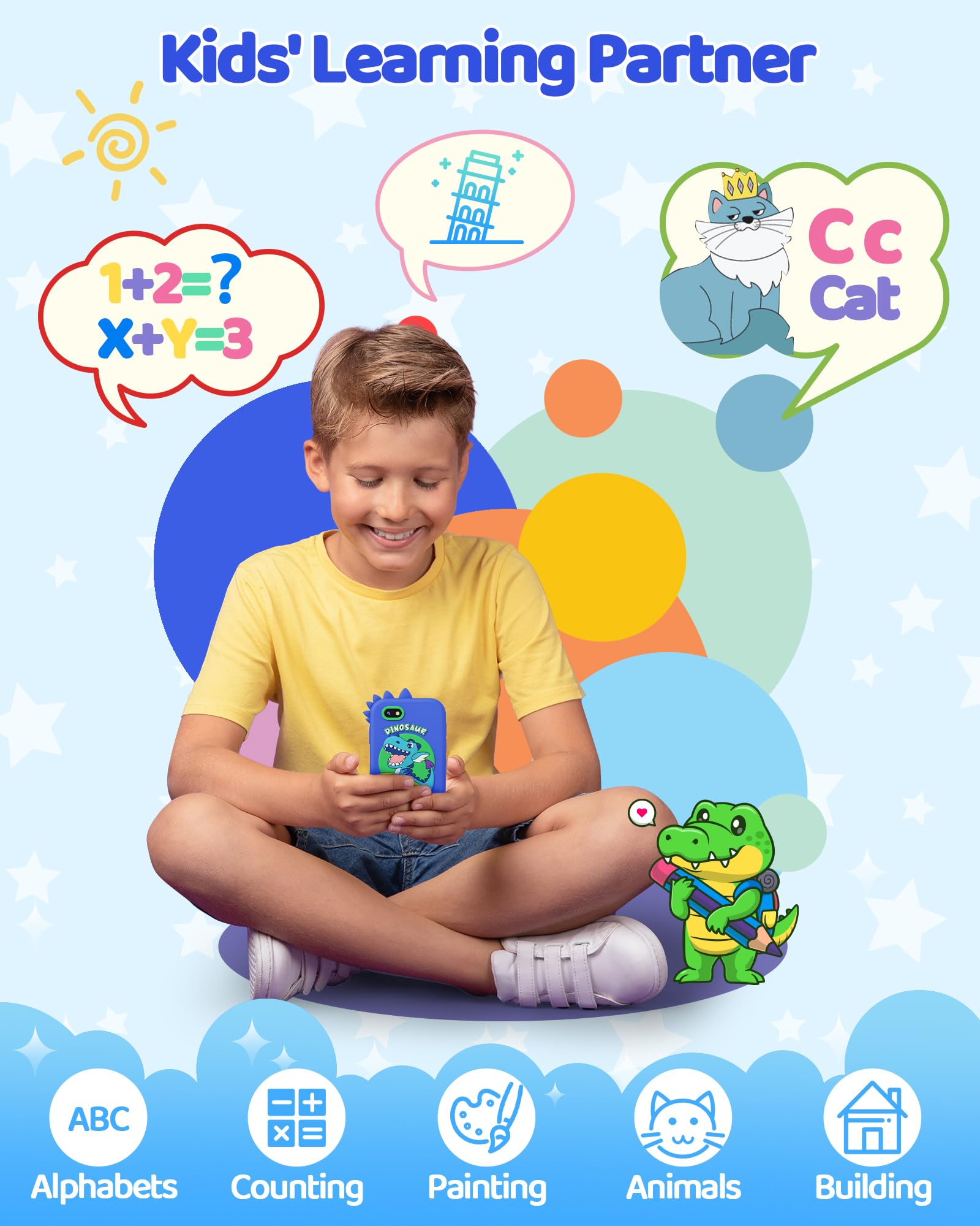 KOKODI Kids Phone back features raised dinosaur texture for tactile engagement.