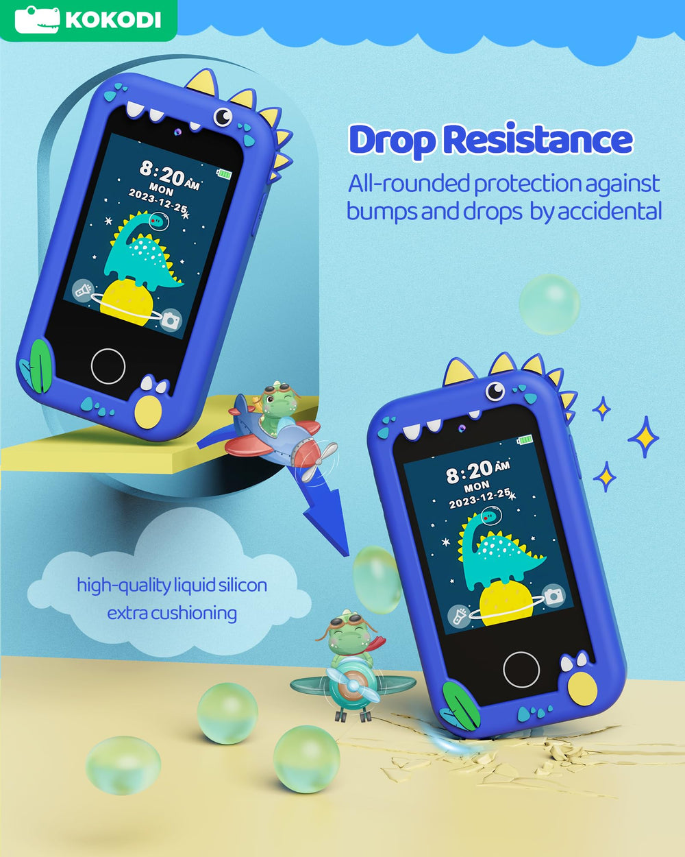 KOKODI Kids Phone silicone case protects against drops during active play.