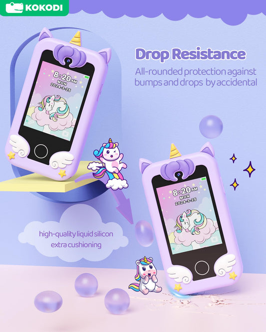 KOKODI Kids Phone Toy unicorn side view highlighting durable silicone shell for drops.