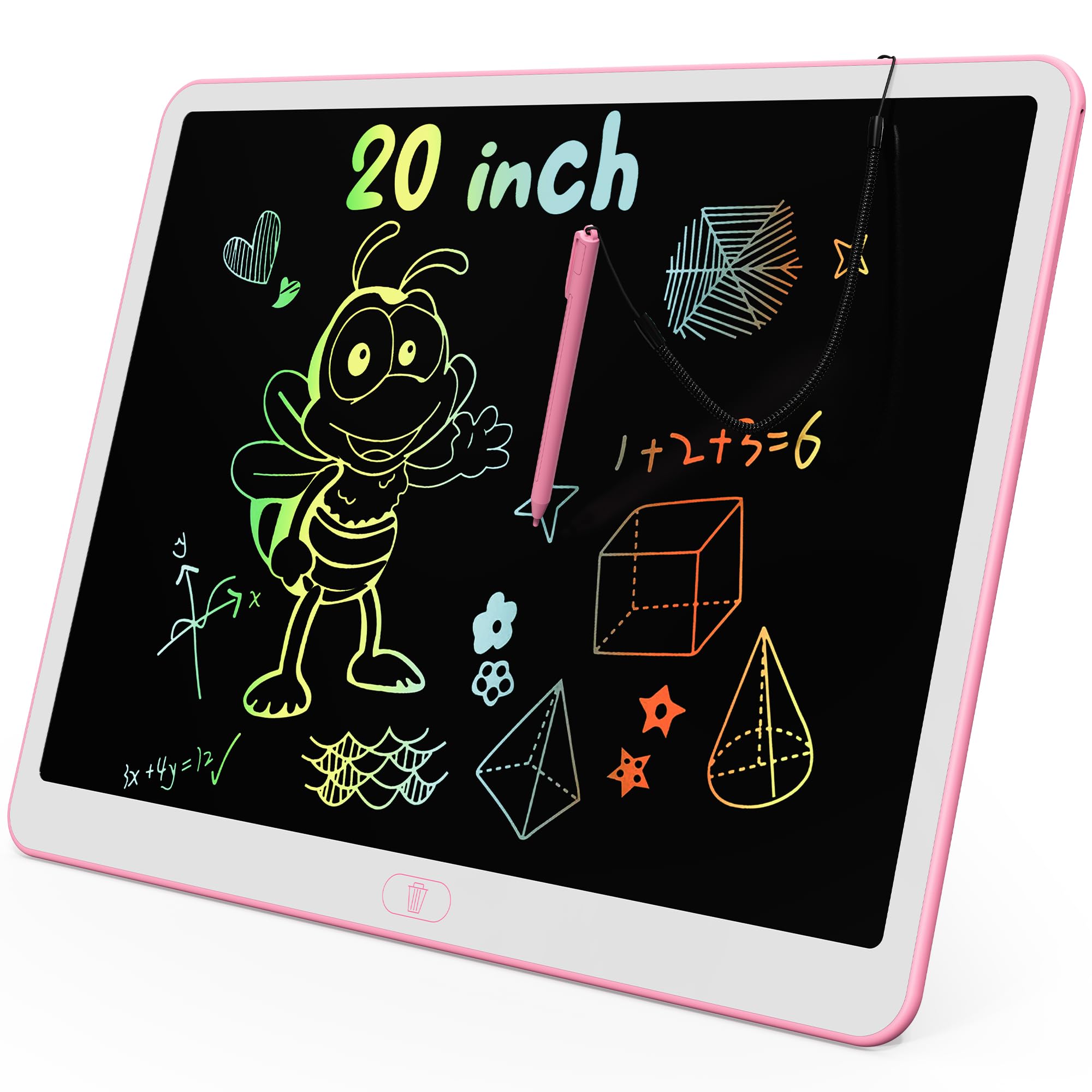 KOKODI LCD Writing Tablet 20-inch pink front view for kids' drawing and learning.