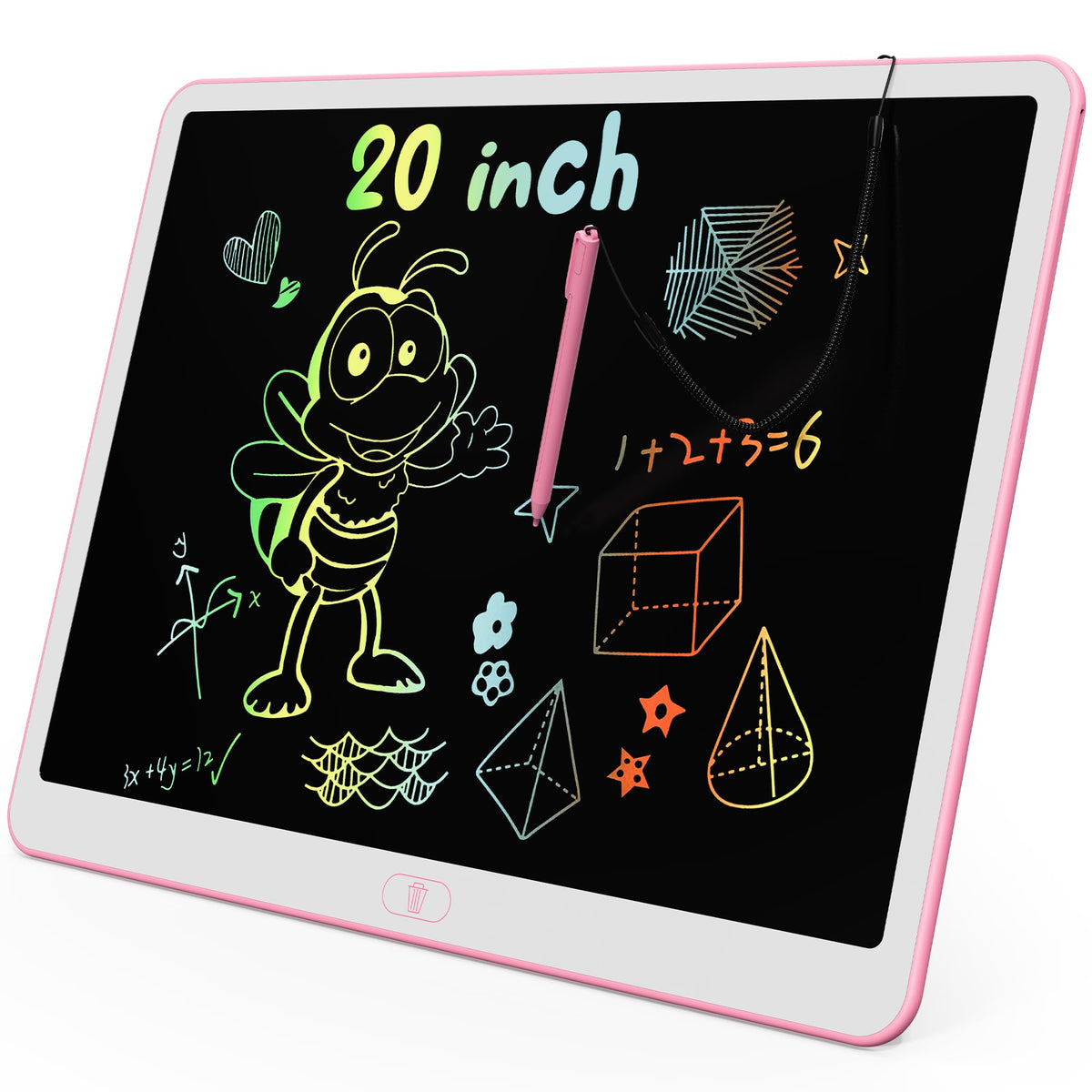 KOKODI LCD Writing Tablet 20-inch pink front view for kids' drawing and learning.