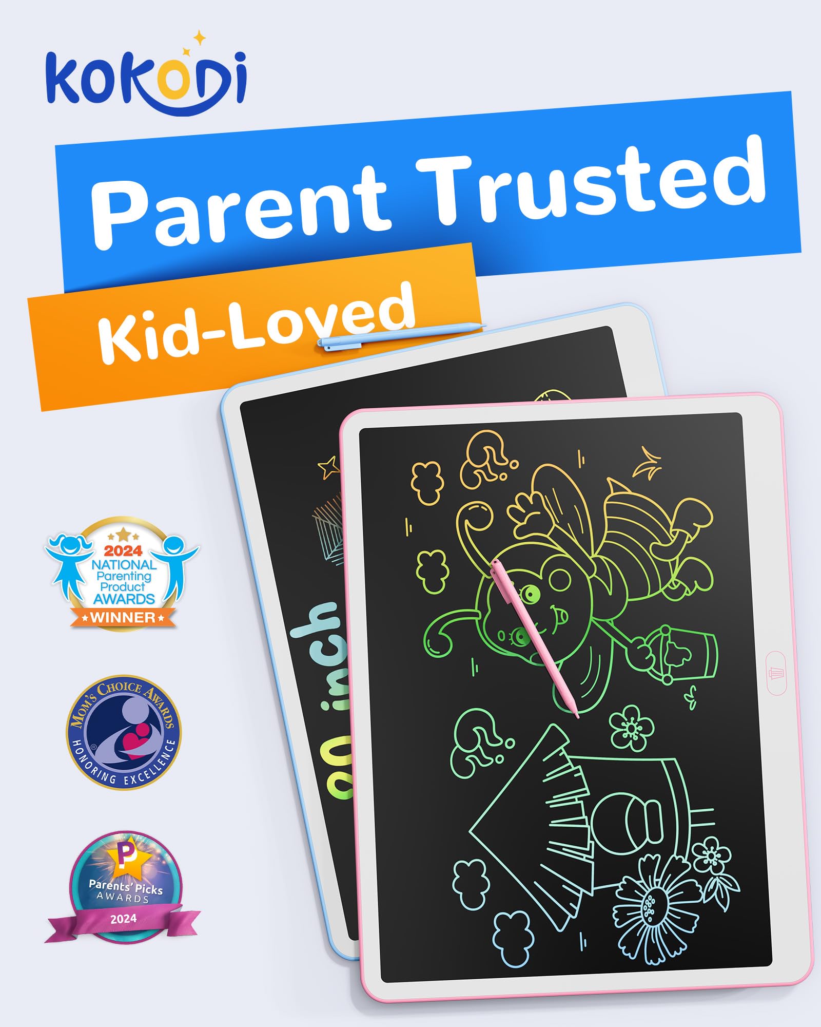 KOKODI LCD Writing Tablet 20-inch pink side view ideal for creative play.