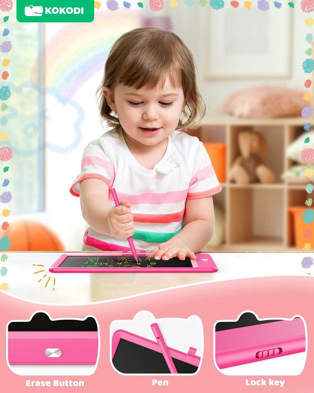 KOKODI LCD Writing Tablet durable plastic case ensures kid-friendly shock resistance