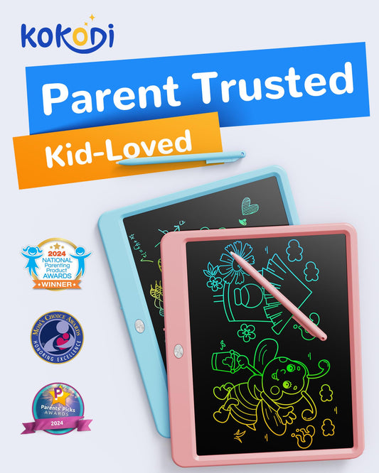 KOKODI LCD Writing Tablet child in car demonstrates portable learning and entertainment.