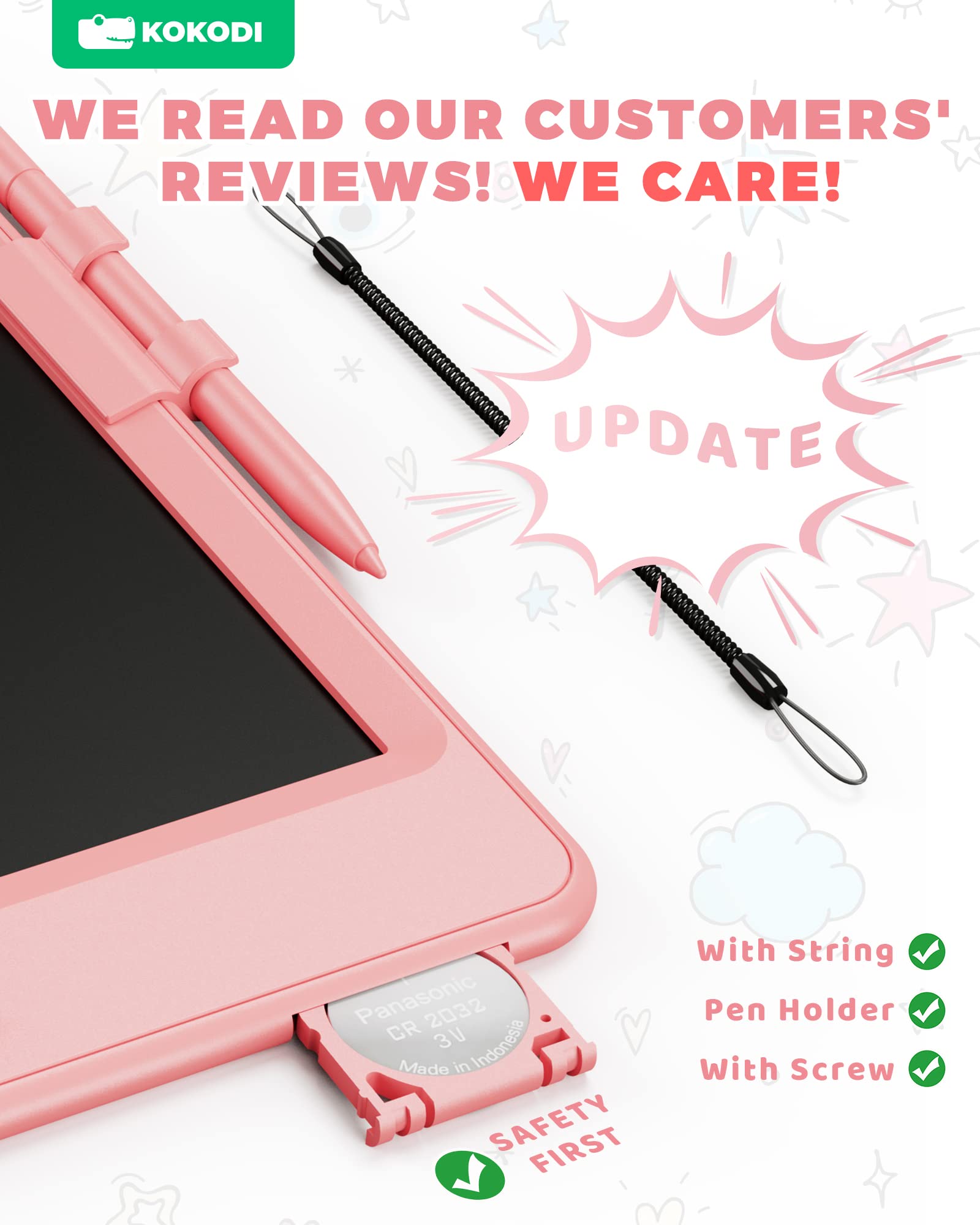 KOKODI pink LCD tablet with pen holder keeps drawing tools organized