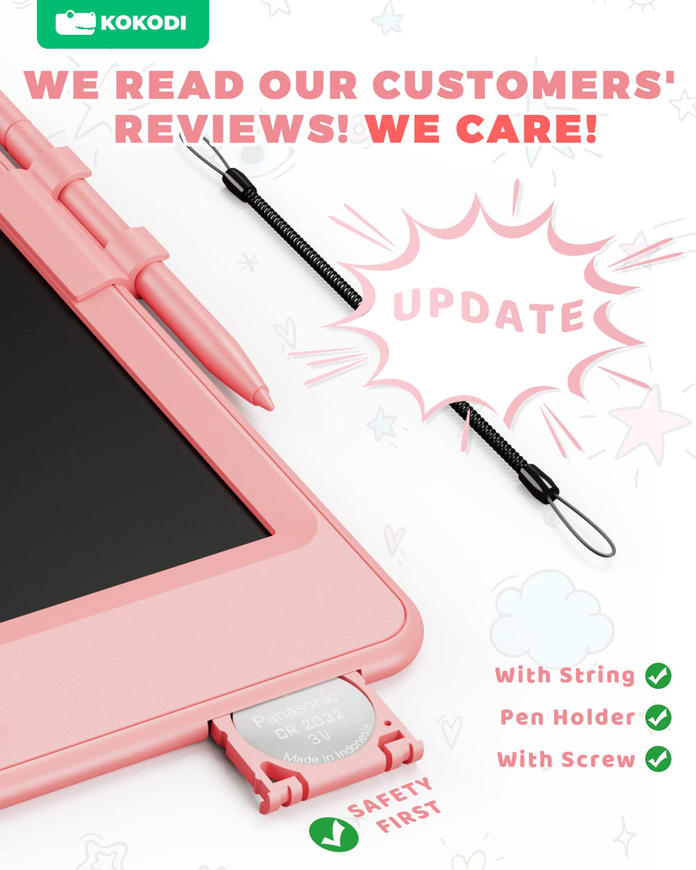 KOKODI pink LCD tablet with pen holder keeps drawing tools organized