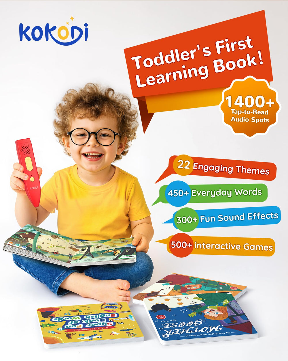 KOKODI vocabulary book open, emphasizing 22 themes for word-building.