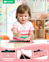 Travel-ready KOKODI LCD tablet in pink for car trips and flights