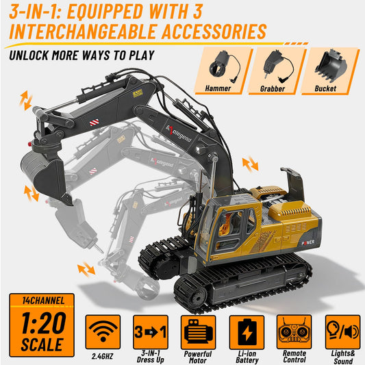 Kolegend RC excavator with claw tool in use for object grabbing play.