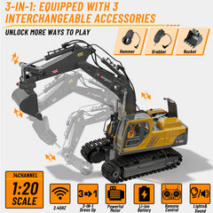 Kolegend RC excavator with claw tool in use for object grabbing play.