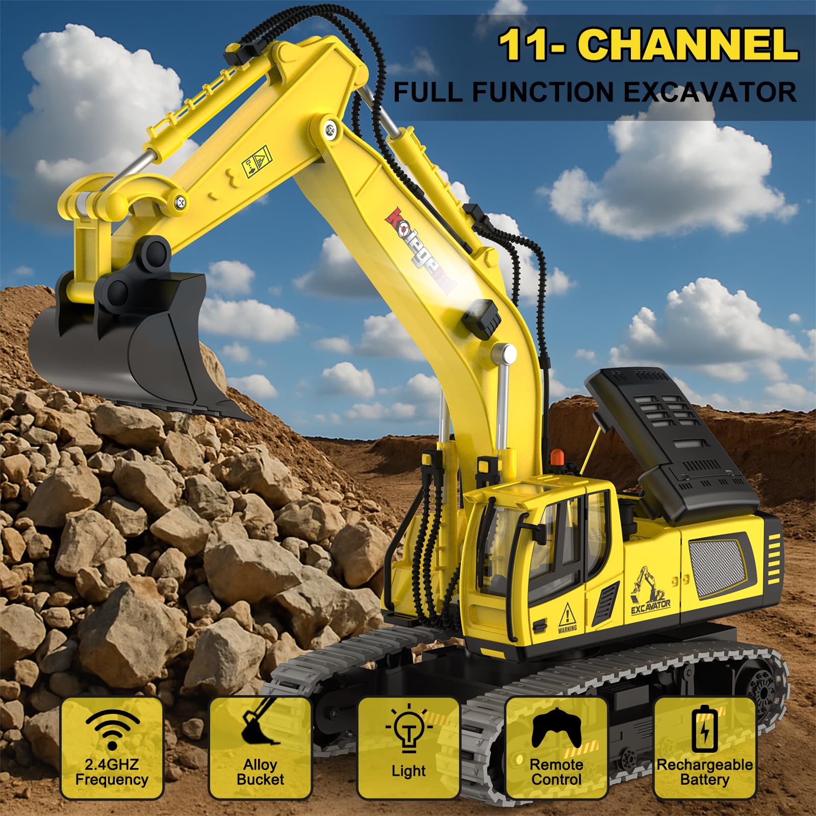 kolegend RC excavator toy battery-pack indicates longer playtime with two cells