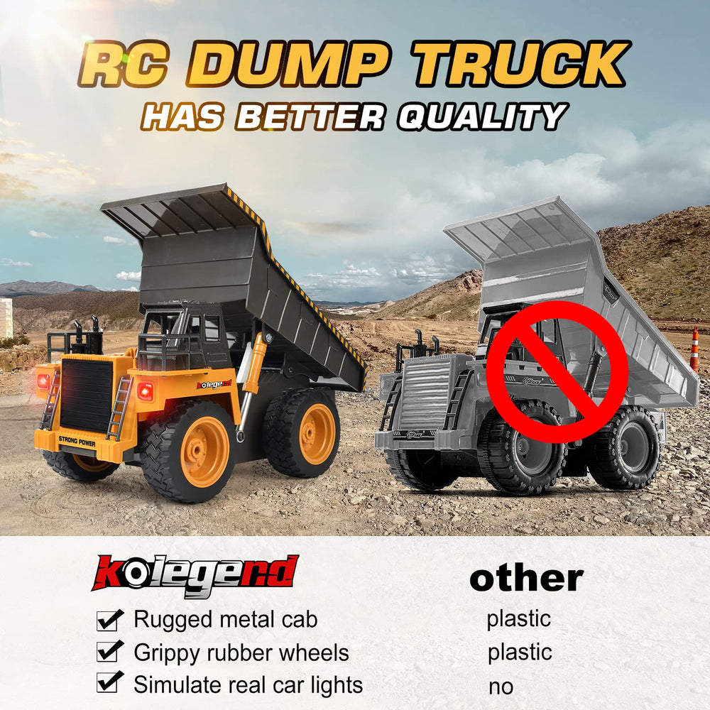 kolegend remote control dump truck side view showing bold black design