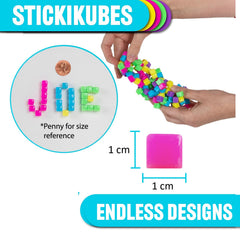 StickiKubes closeup of 1cm cubes showing vibrant neon hues for tactile building.