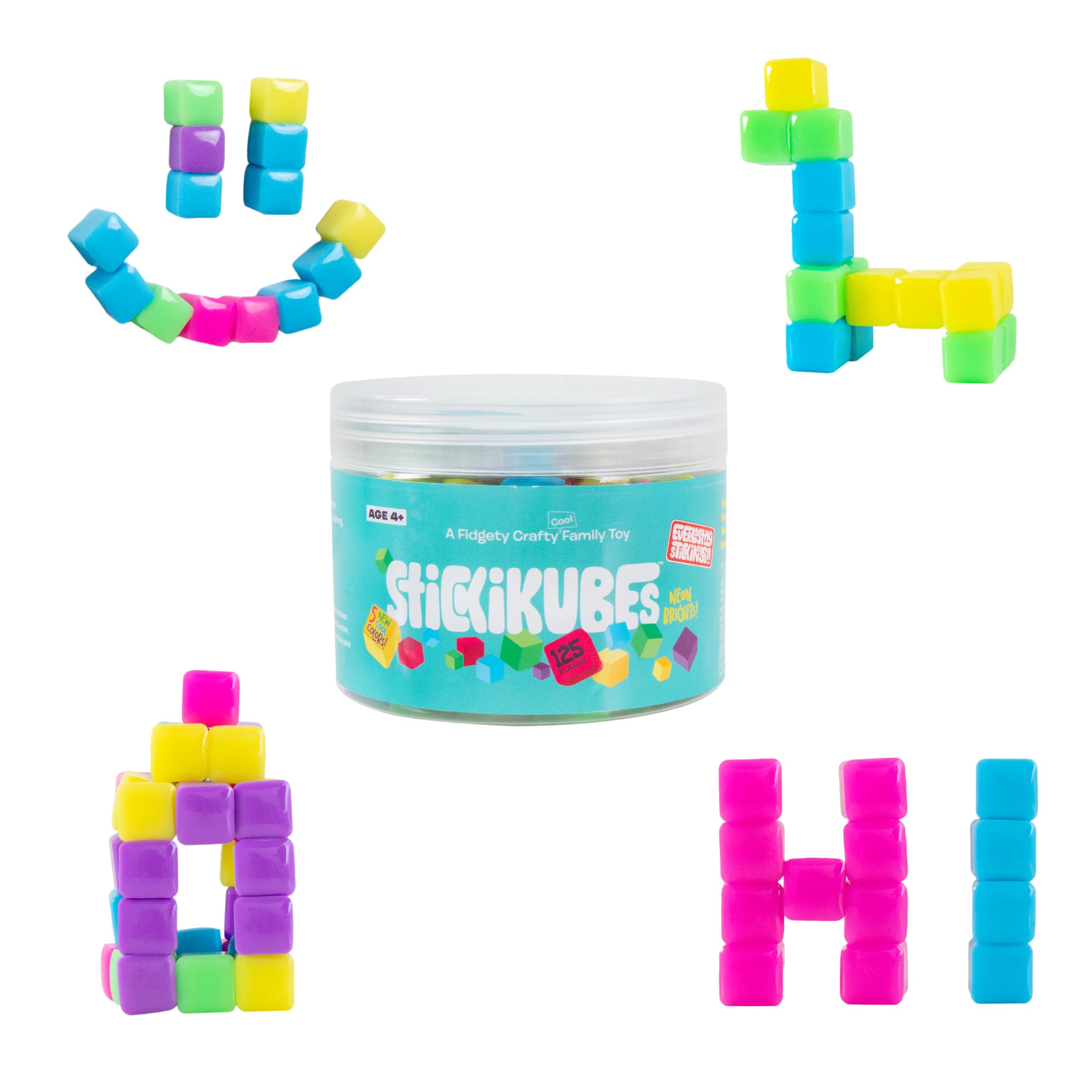 Komarc GAMES StickiKubes neon color cubes in a tub for easy storage and creative play.