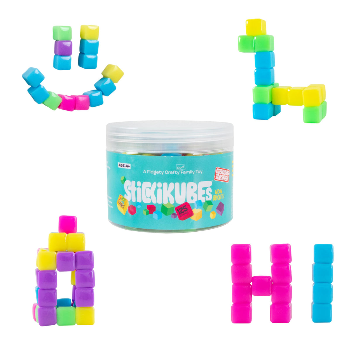 Komarc GAMES StickiKubes neon color cubes in a tub for easy storage and creative play.