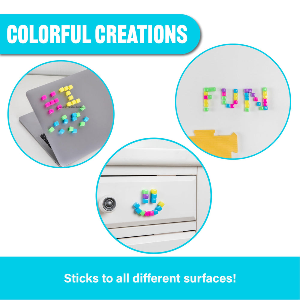 Neon cubes stored in the included tub ready for quick cleanup and ongoing creativity.