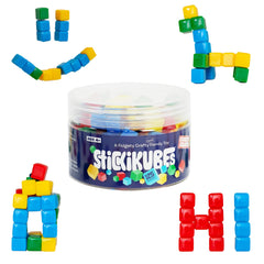 KOMARC GAMES StickiKubes tub with 125 colorful cubes for creative play.