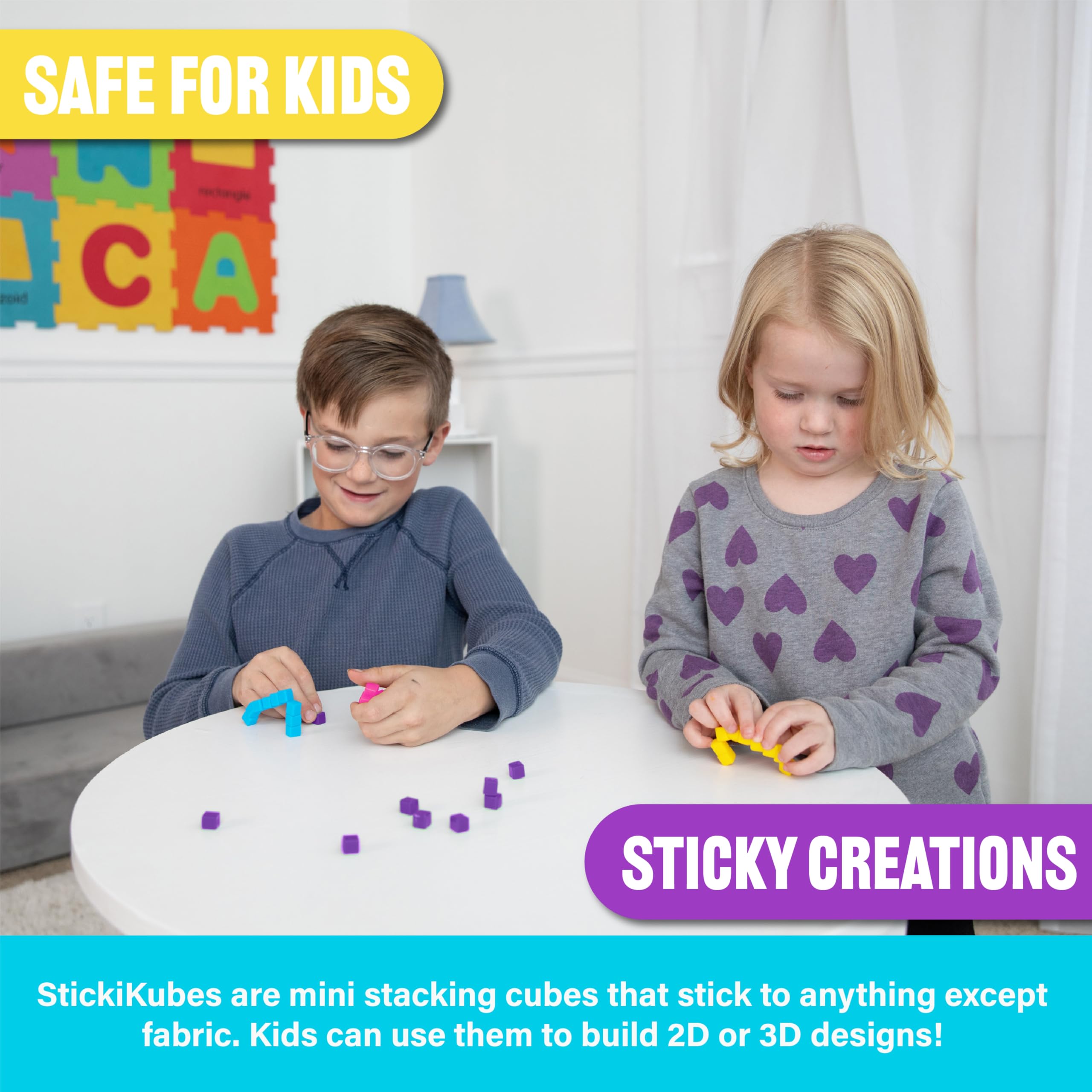 StickiKubes decorate notebooks, posters, or play surfaces with safe, reusable buildable art.