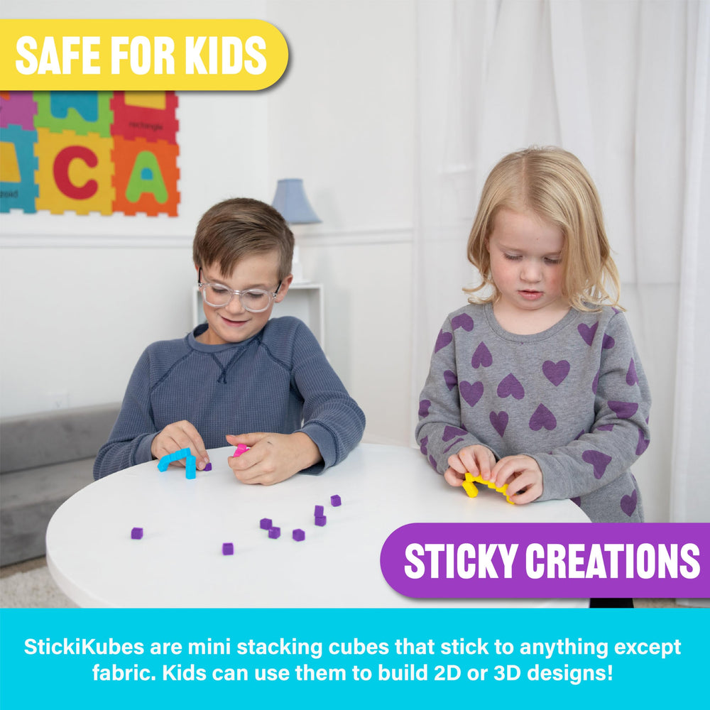 StickiKubes decorate notebooks, posters, or play surfaces with safe, reusable buildable art.
