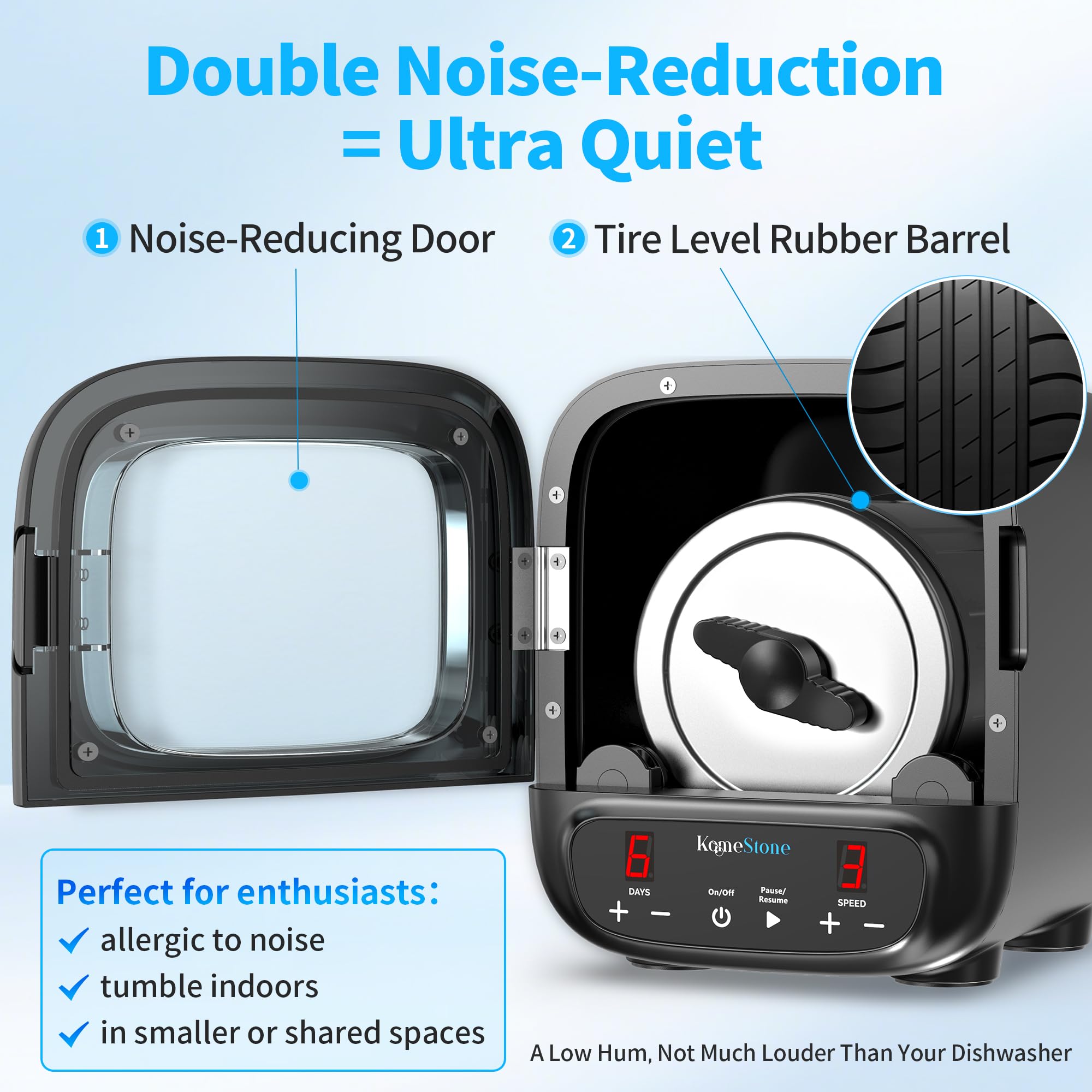 KomeStone K2 Elite with noise-reduction for a calmer workspace during cycles.