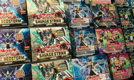 Konami mega lot Yu-Gi-Oh cards spread view, showcasing diverse options for deck building.