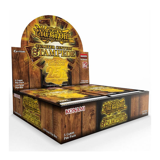 Konami Yu-Gi-Oh! Quarter Century Stampede booster box with art and potential Luxury Secret Rare.