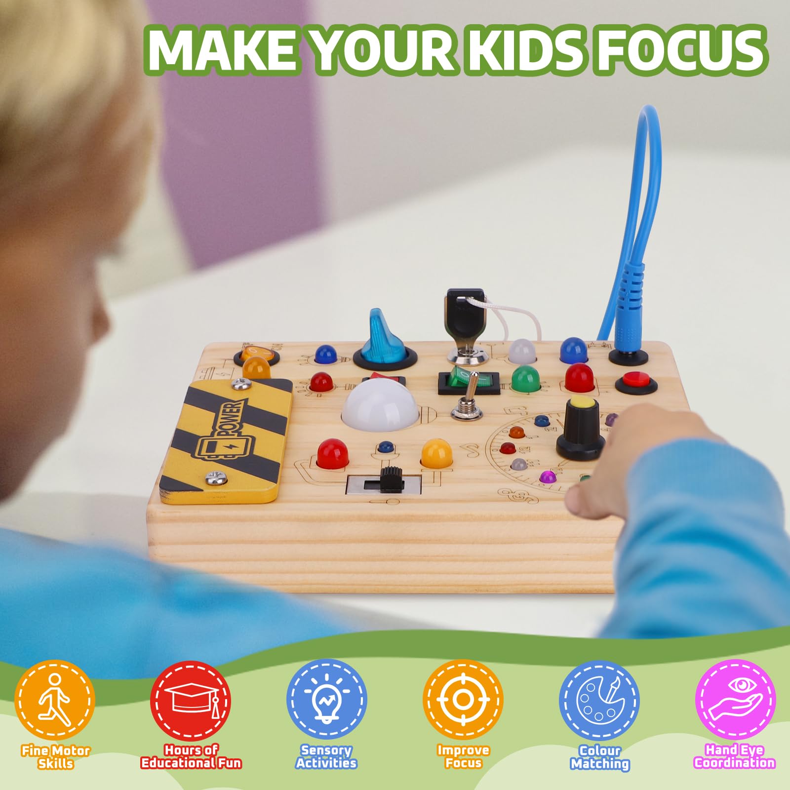 Konijiwa Busy Board ideal for Montessori-inspired learning of colors, numbers, and letters.