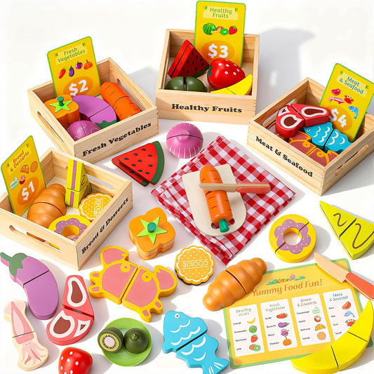 KONYXALU wooden play food set with fruits and vegetables for imaginative play and roleplay