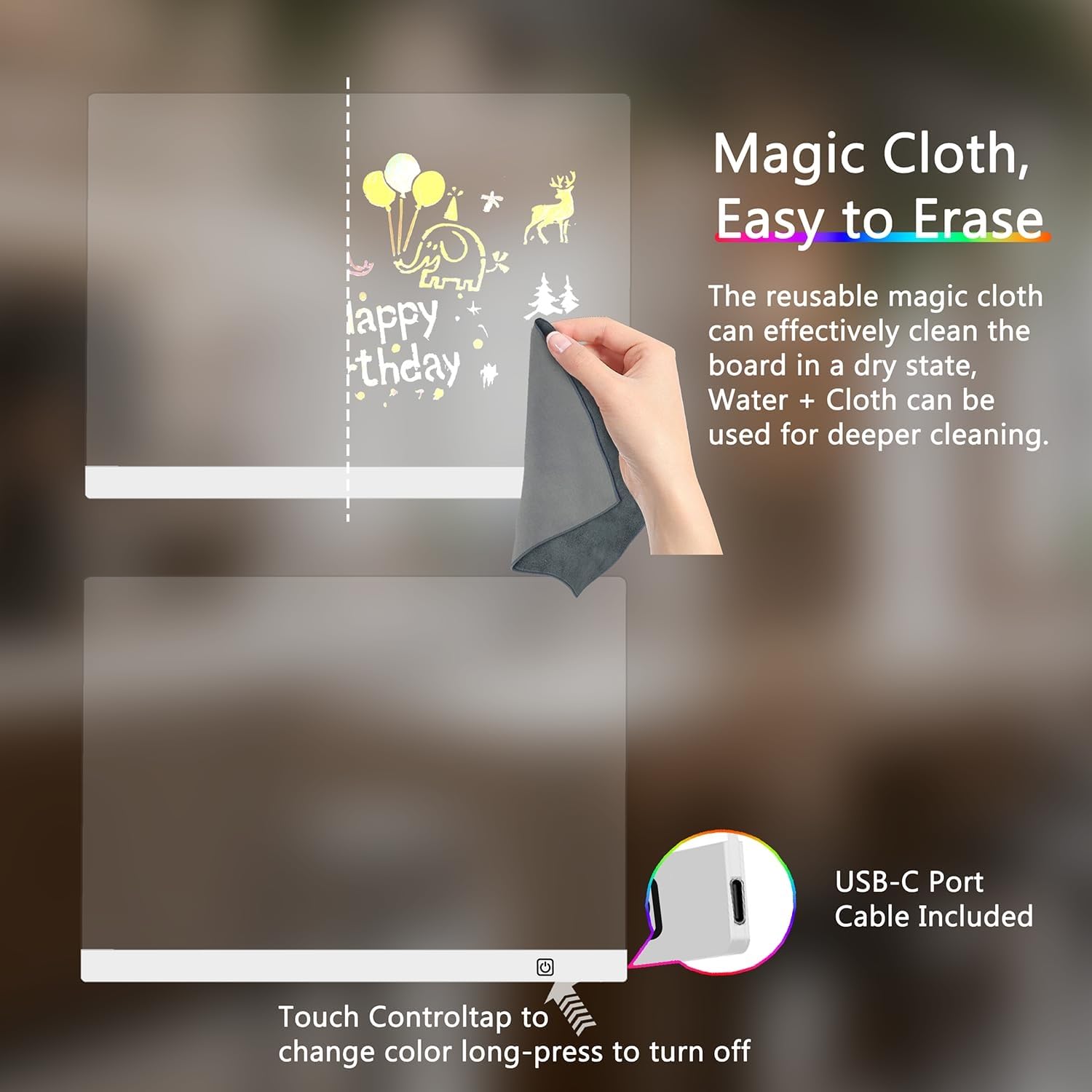 Koolow Lumiboard includes markers, stand, and cleaning cloth for easy setup.