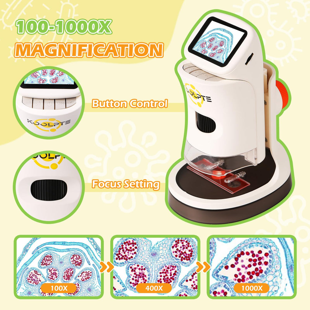 Koolpte Kids Microscope captures photos and videos with memory card enabled.