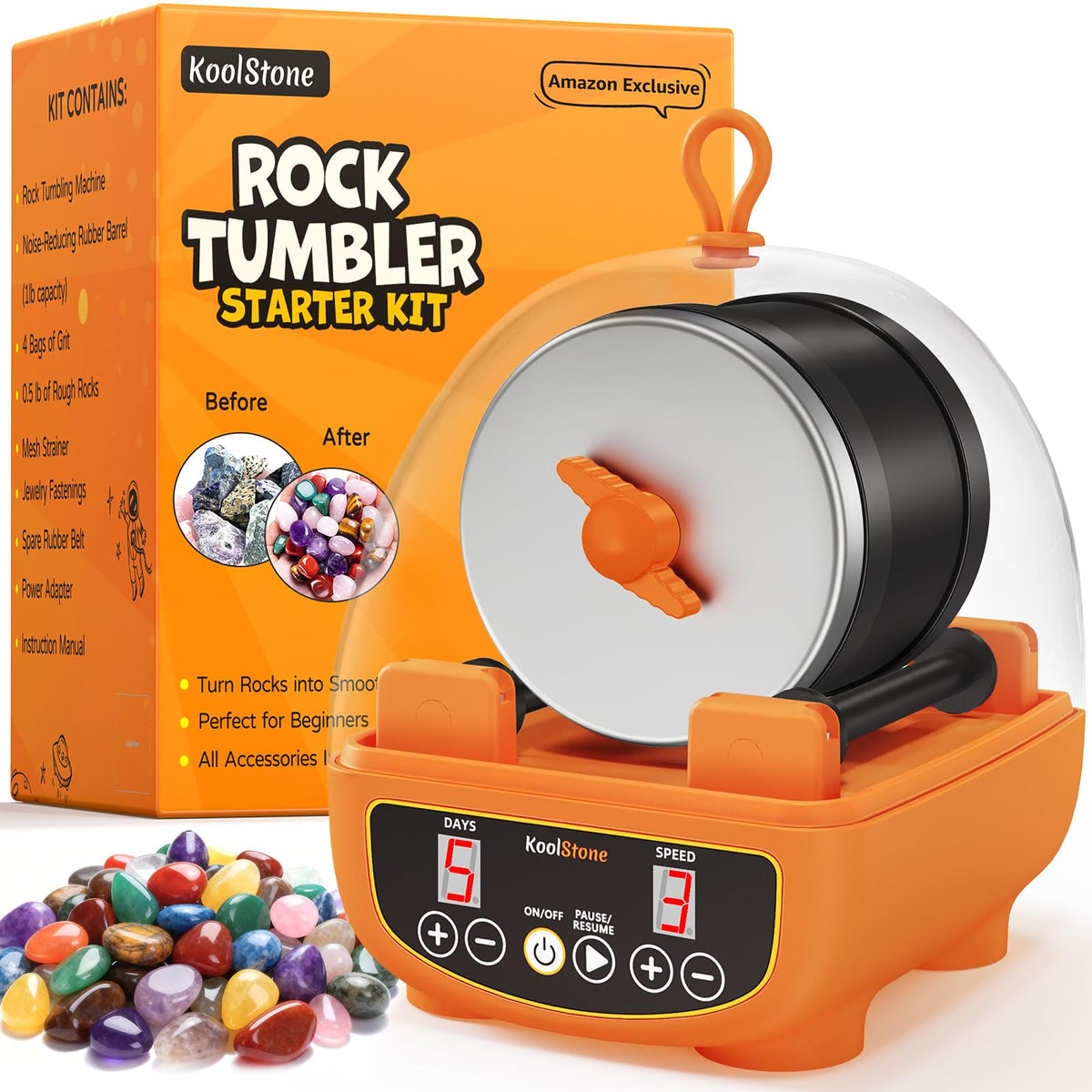 KoolStone C5 rock tumbler quiet-tumbling in action for kids