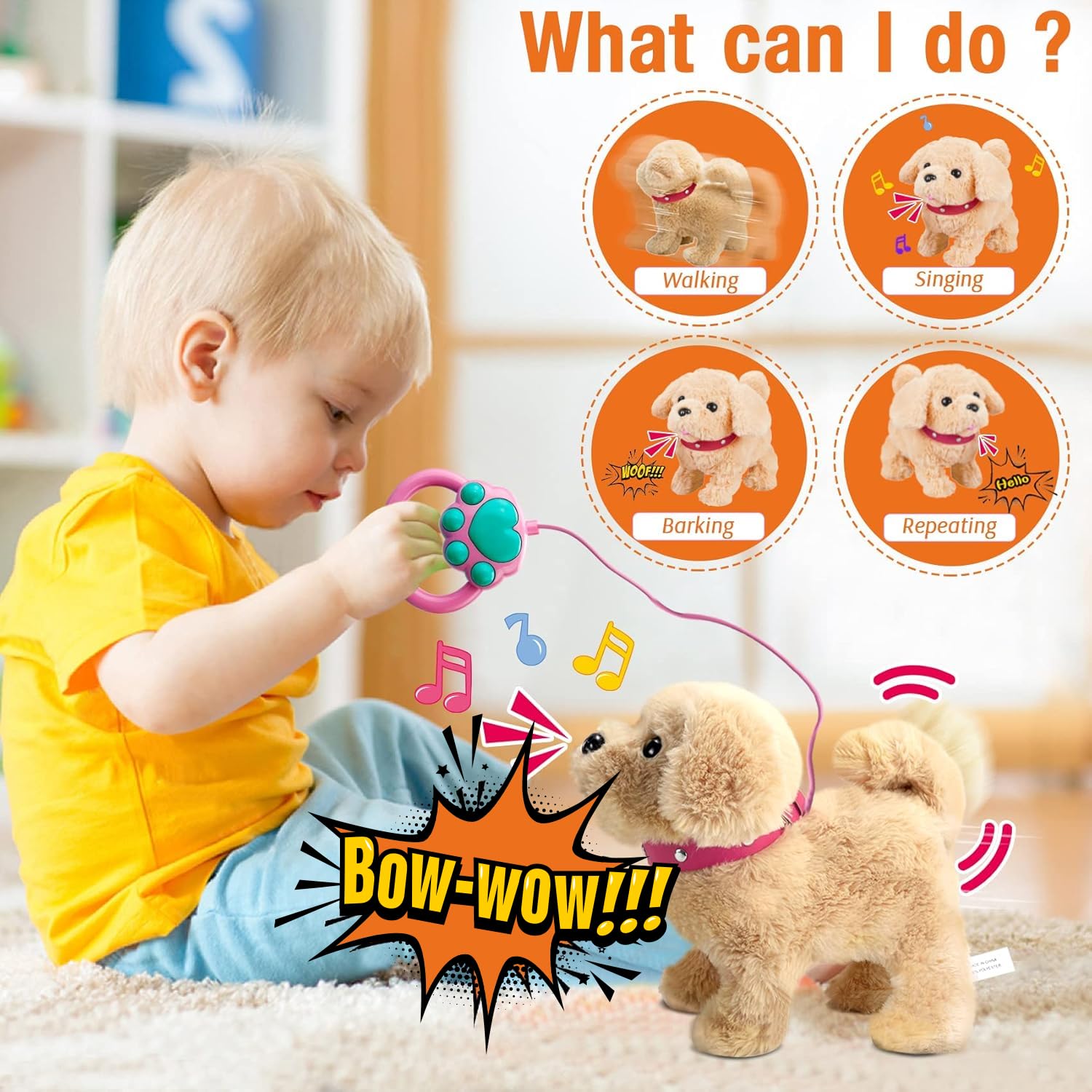 Koonie talking plush golden retriever walks on command with remote control.