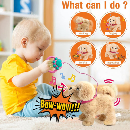 Koonie talking plush golden retriever walks on command with remote control.