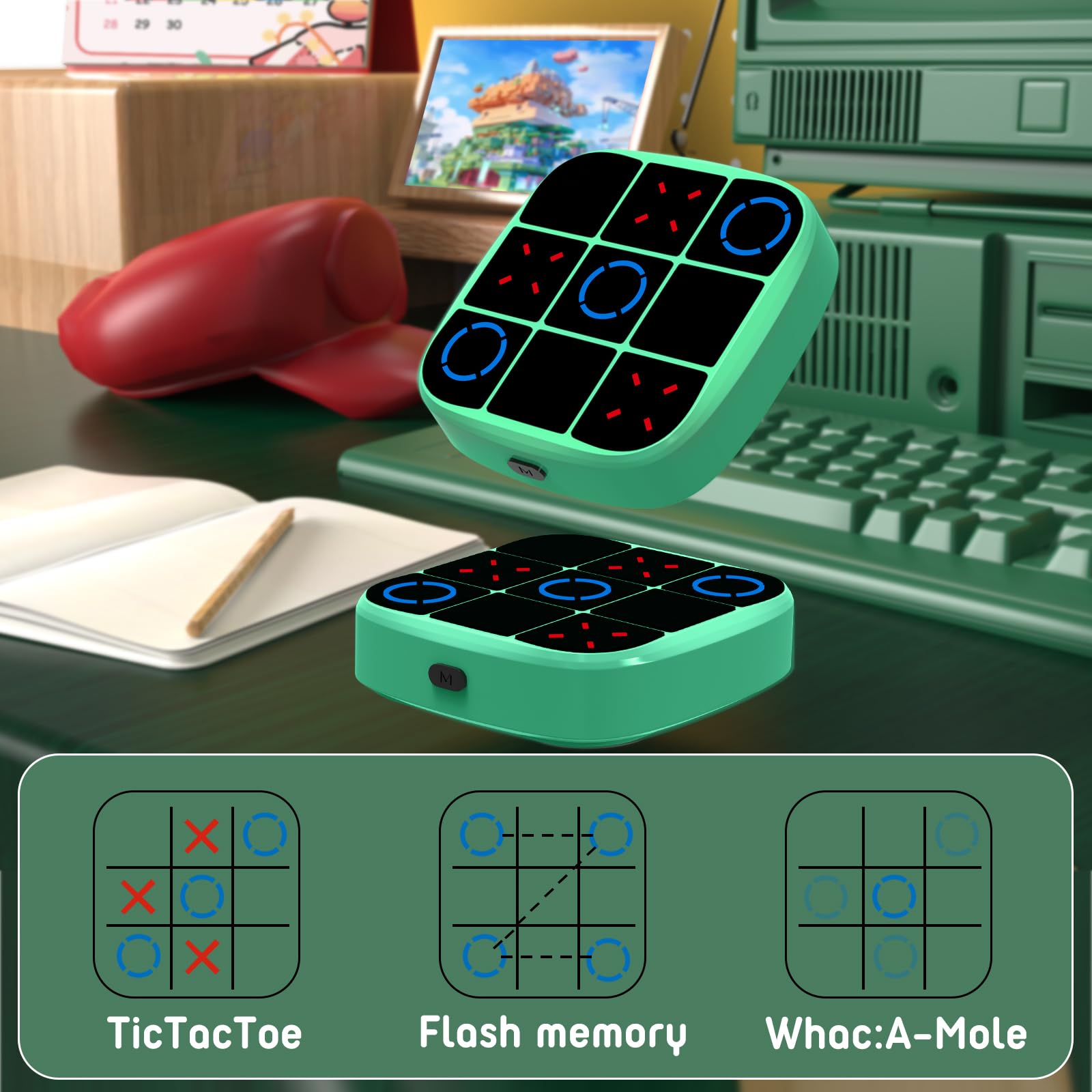 KOQQQ Tic-Tac-Toe Bolt Game cyan underside view shows batteries