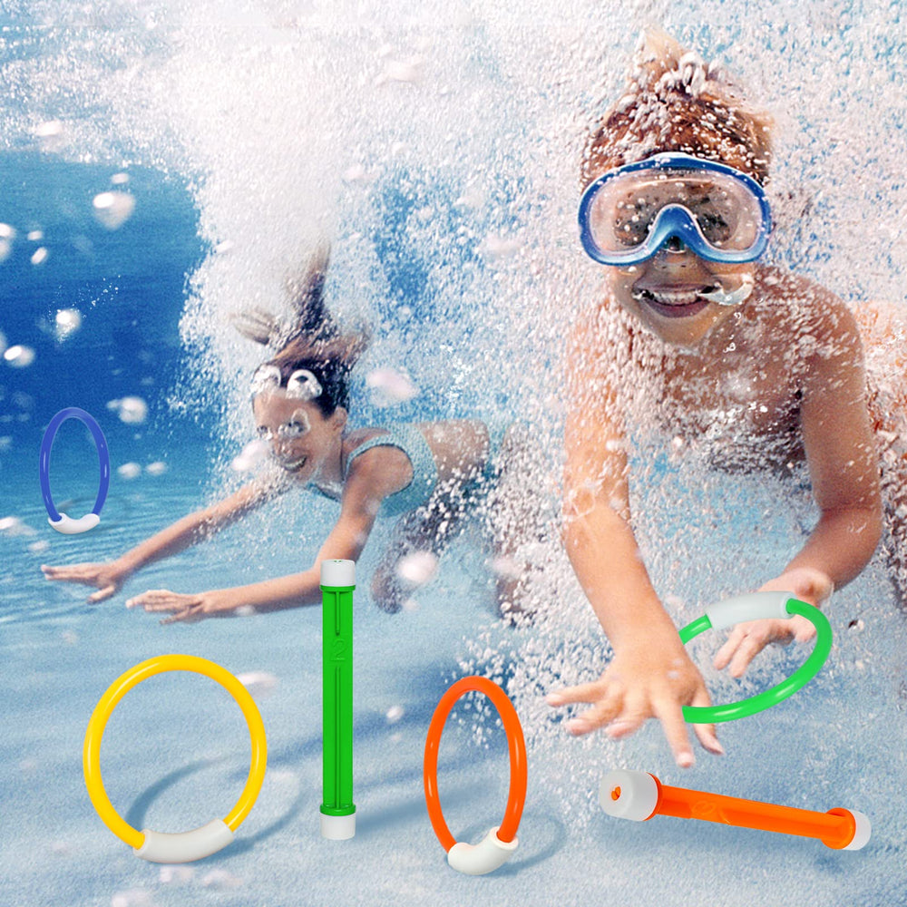 Korlon Tec colorful rings and sticks ideal for water skill practice.