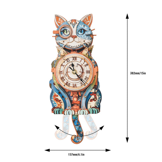 Kosmickiss 3D cat puzzle clock side view emphasizes assembled mechanical detail and charm