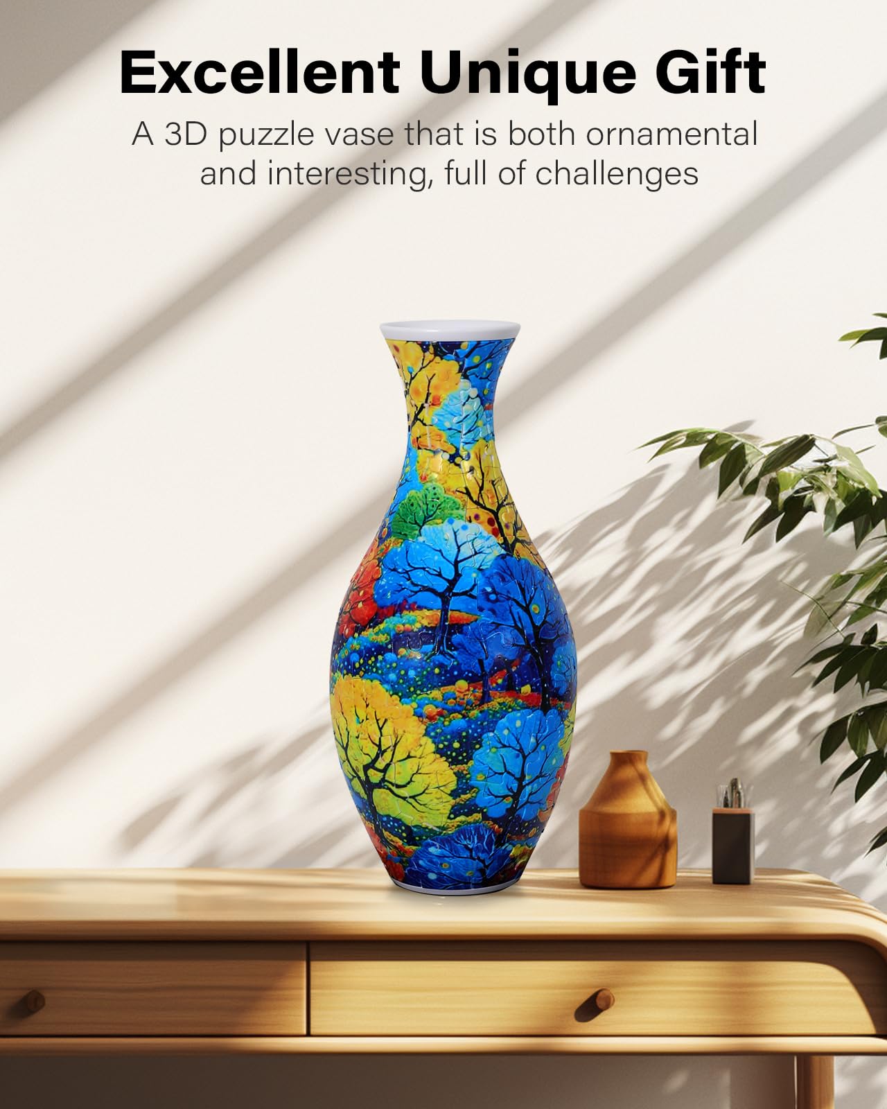 KOSTBAR 3D puzzle vase base and display stand showcased in an elegant setup