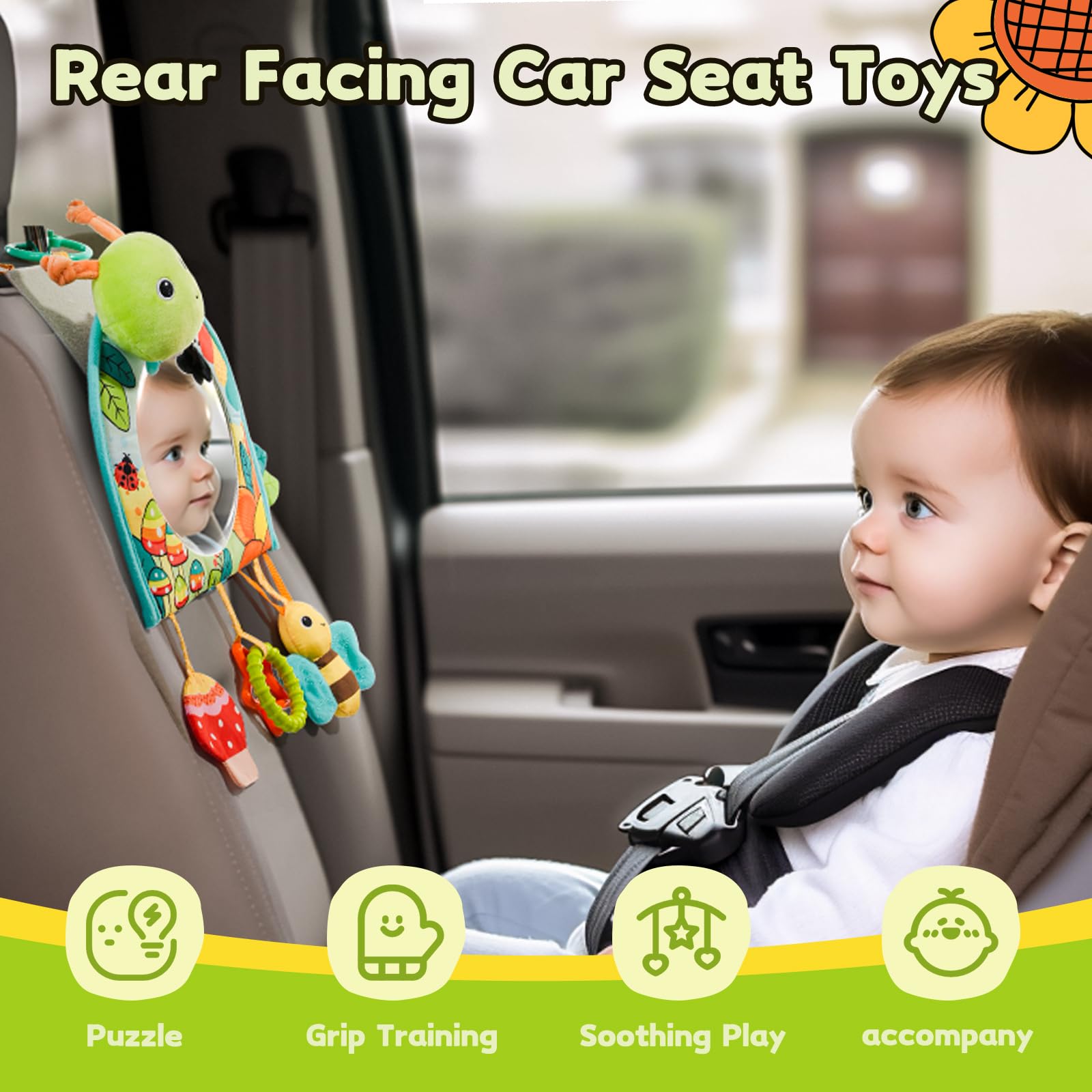 Koty car seat activity center with mirror boosts visual exploration on the go.