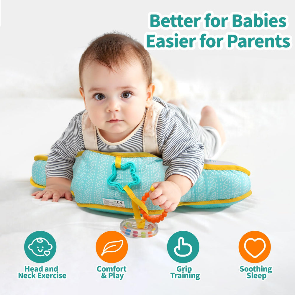Koty ergonomic tummy time design provides chest support for movement