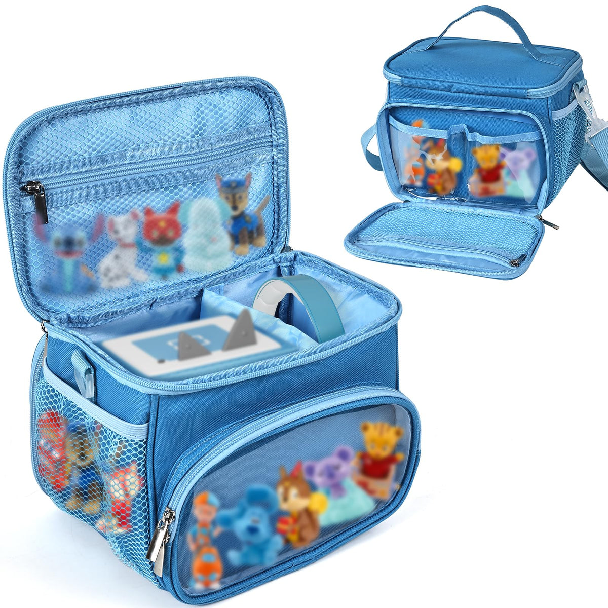 Kowenlic blue Storybook carry case keeps toys visible and accessible for kids