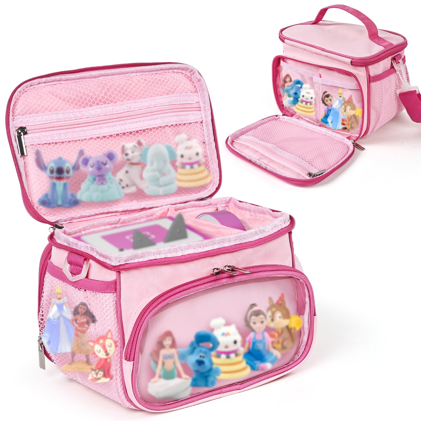 Kowenlic carrying case pink front view showing organized interior for Toniebox figures