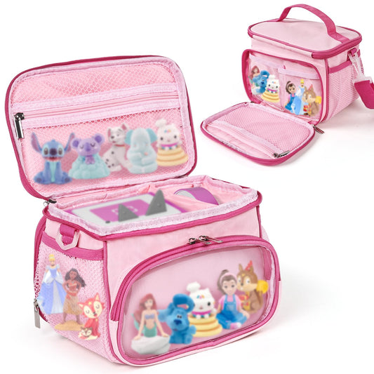 Kowenlic carrying case pink front view showing organized interior for Toniebox figures
