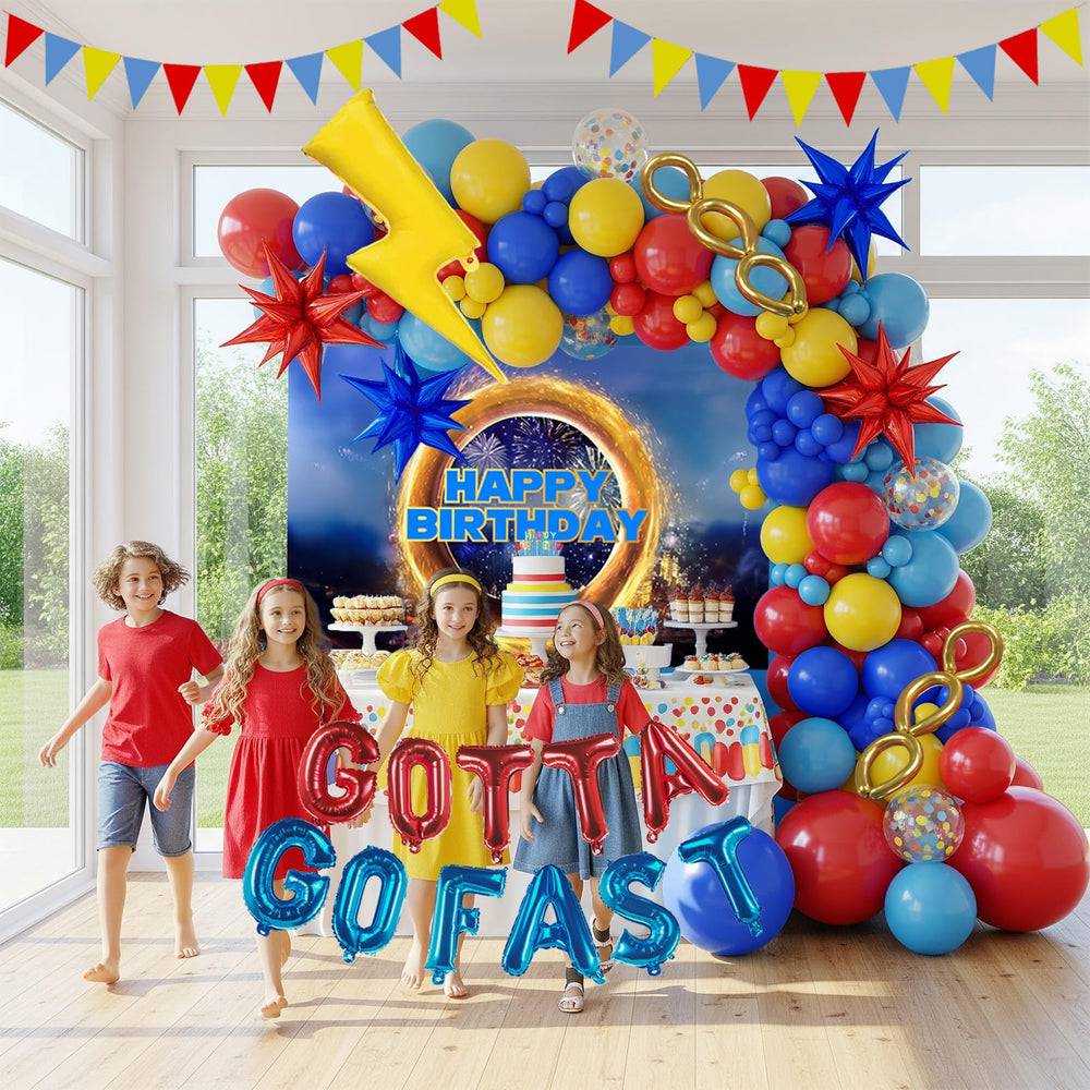 Kozee blue and yellow foil banner with lightning letters boosts party energy.