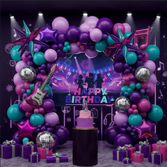 Kozee K-Pop balloon arch in purple, pink, teal creates a vibrant party backdrop
