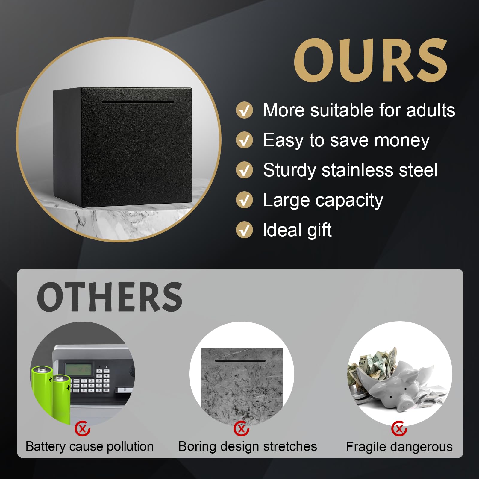 Kozsort small size piggy bank fits compact spaces.